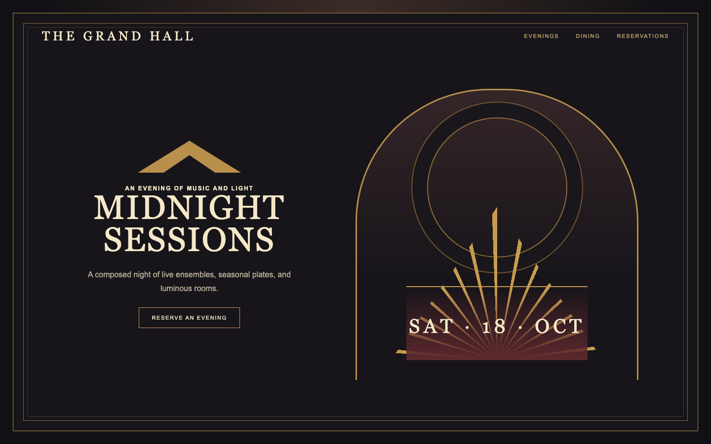Original midnight event page with symmetrical arches, gold linework, fan geometry, and refined serif type.