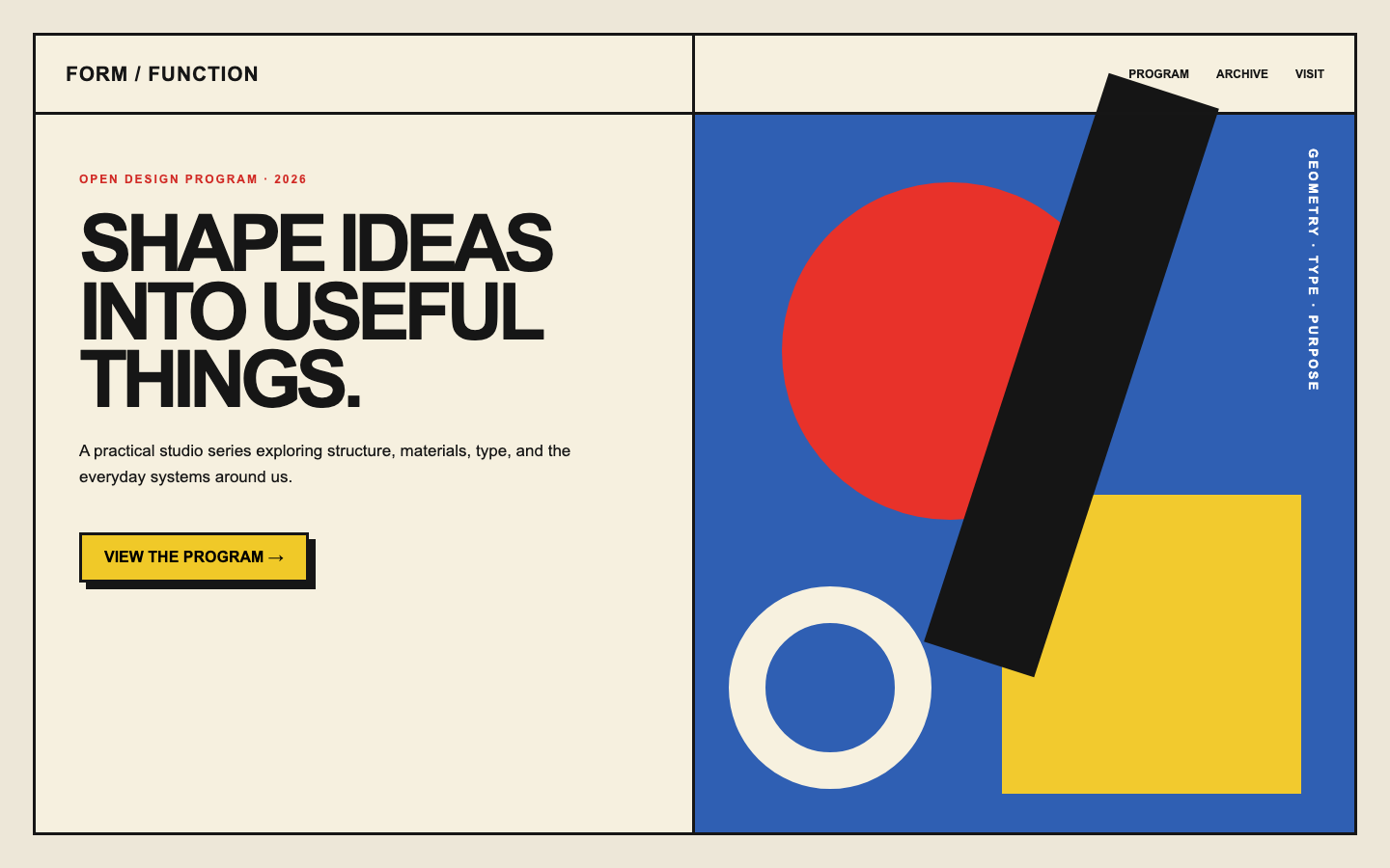 Original design-program page with bold black type, red circle, blue field, yellow square, and asymmetric geometry.