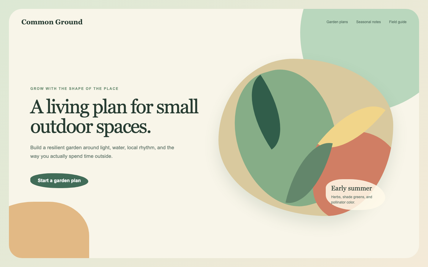 Original garden planning page with flowing organic shapes, leaf forms, earth colors, and soft asymmetric composition.