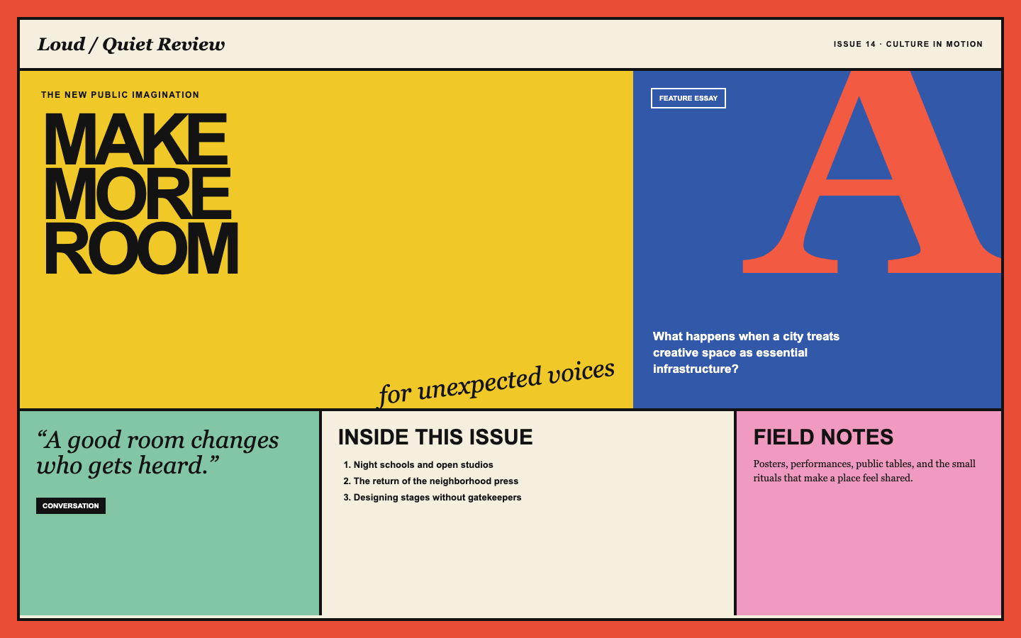 Original culture magazine page with oversized headlines, layered type, vivid color blocks, and dense editorial sections.