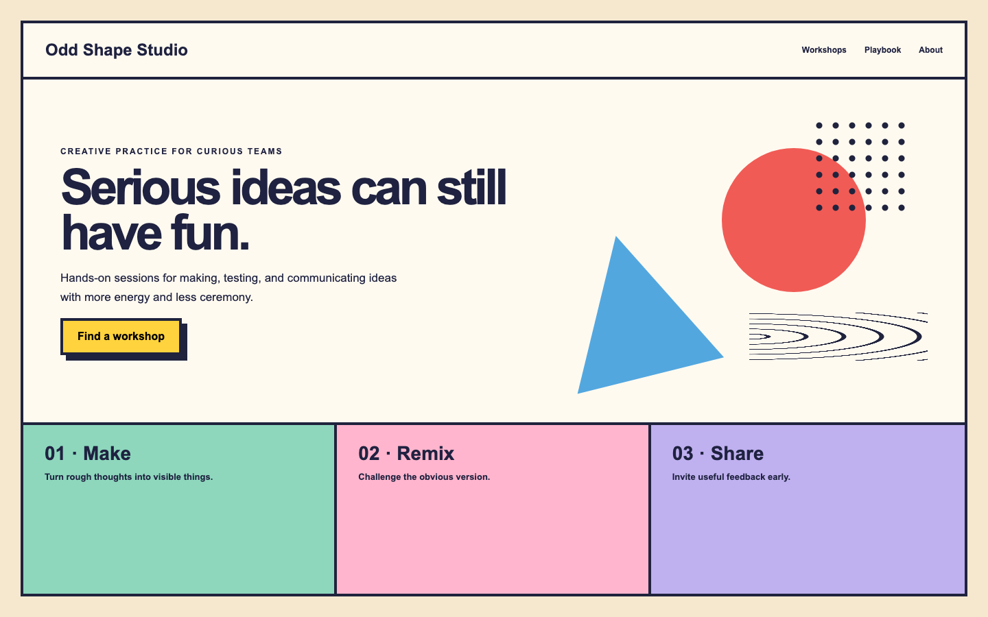 Original workshop page with bright geometric motifs, dotted and wavy patterns, bold type, and colored panels.