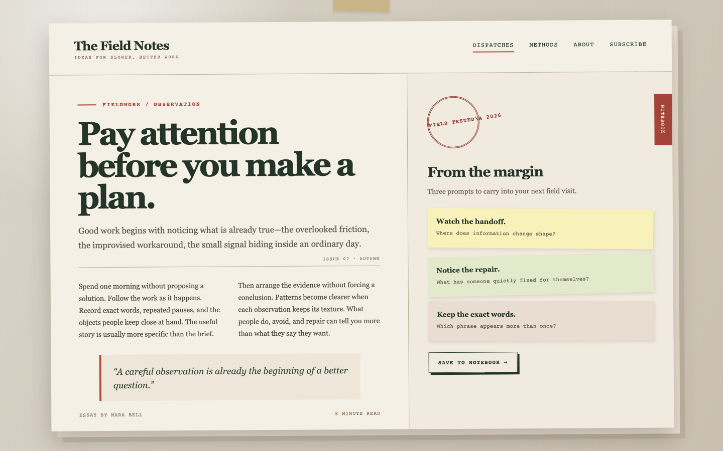 Illustrative editorial planning website composed from warm paper sheets, ink typography, tabs, and ruled details.