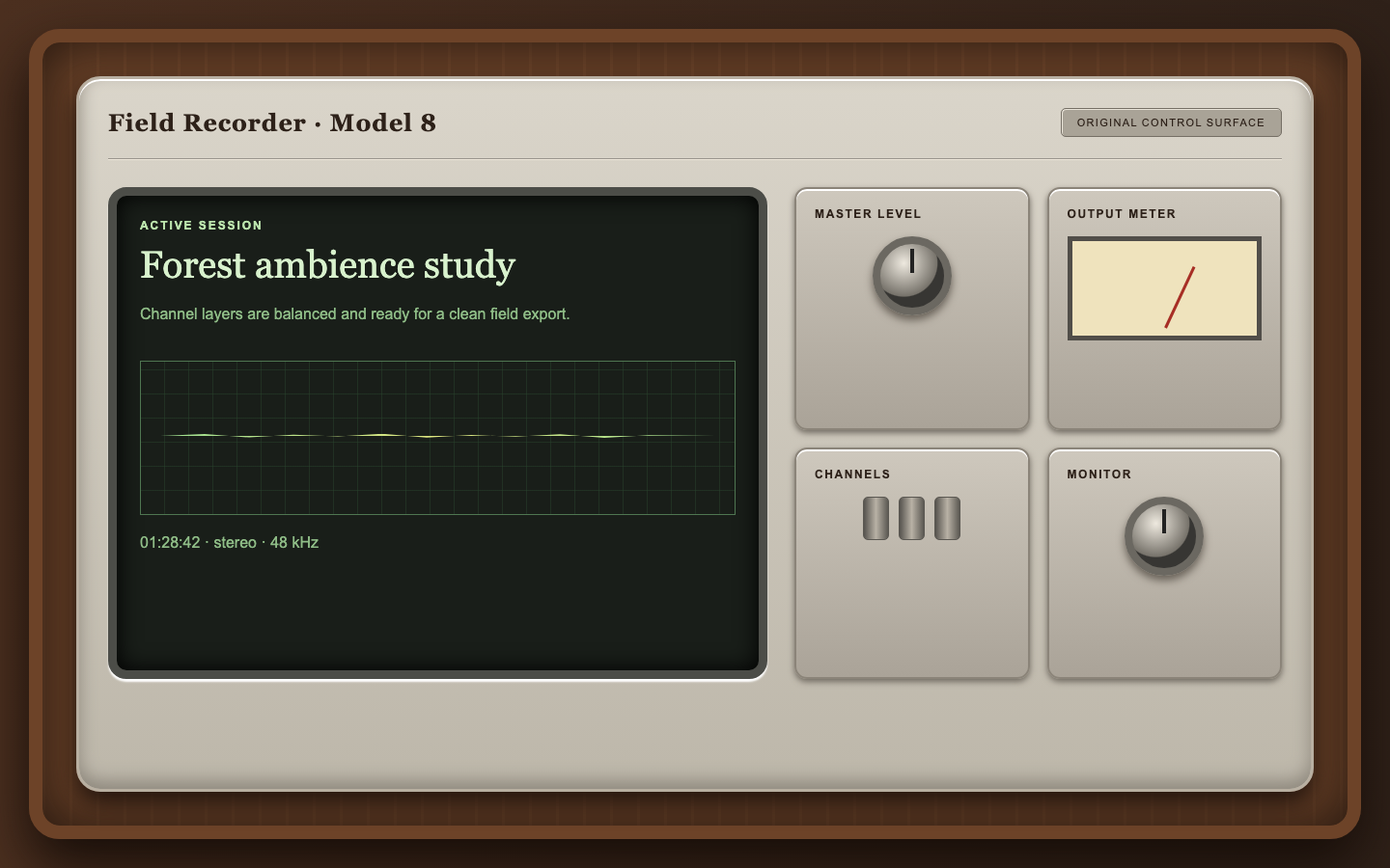 Original field recorder interface with a wood desk, metal console, display, knobs, switches, and meter.