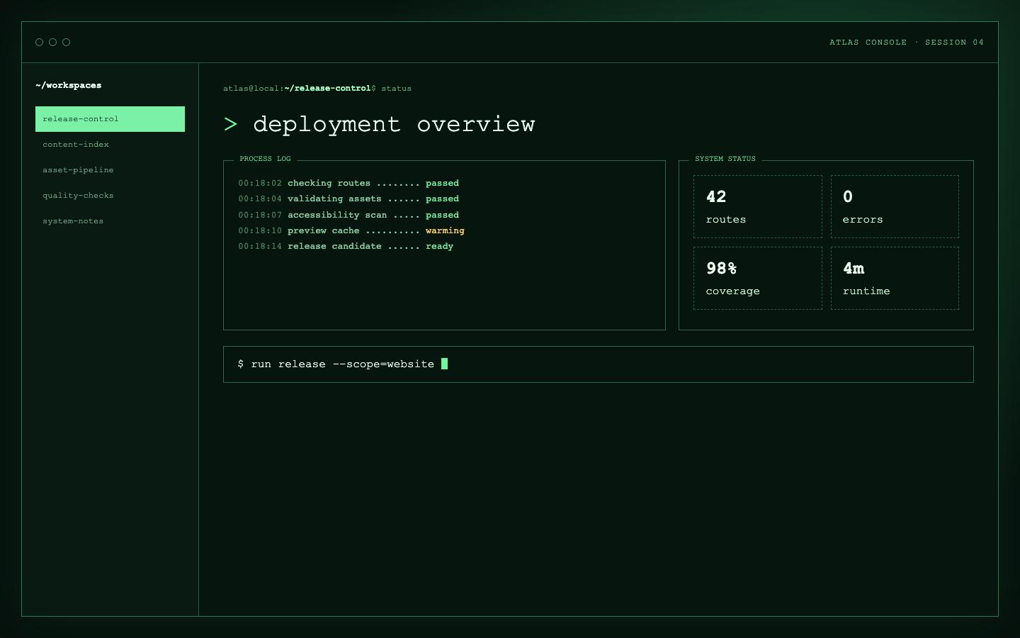 Original dark terminal-style release console with process logs, status metrics, and a command field.