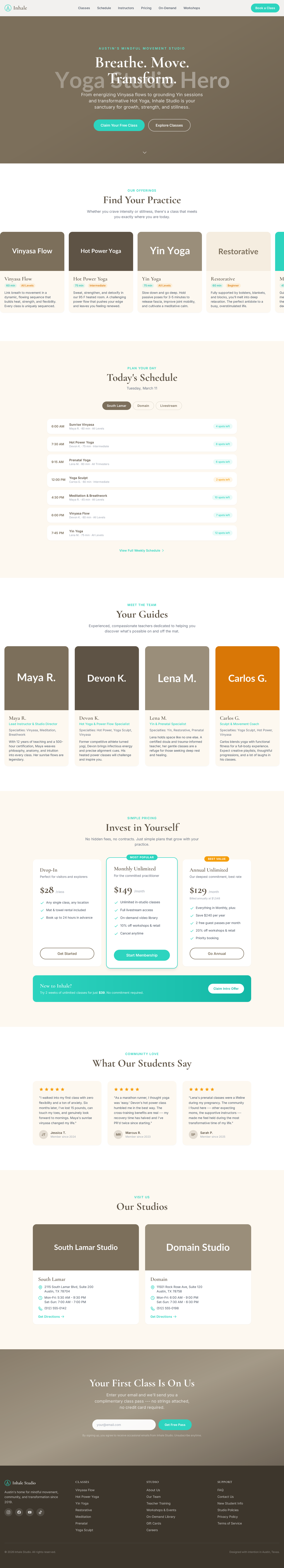 yoga studio homepage generated by Claude