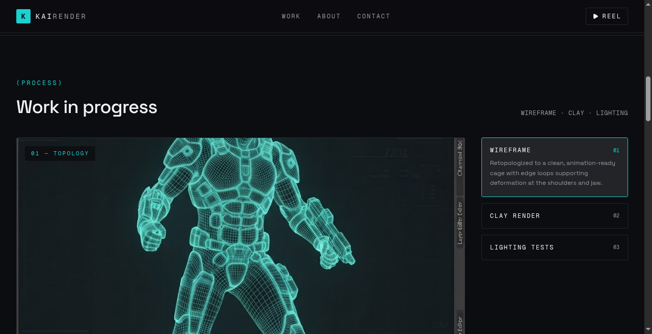 3D project page with a wireframe, clay render, and final lit still side by side