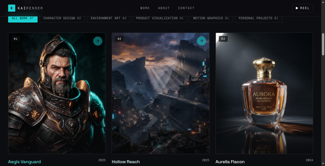 3D portfolio project grid showing character, environment, and product visualization stills