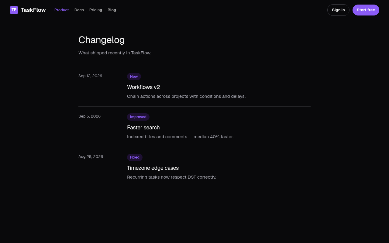 saas changelog page generated by v0