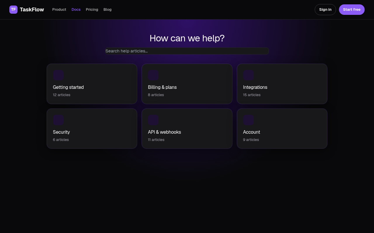 saas help center page generated by v0